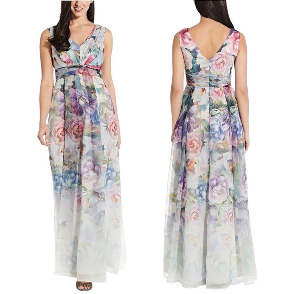 Adrianna Papell Petite Printed Organza Gown Colorful 6 Floral Maxi Dress Wedding